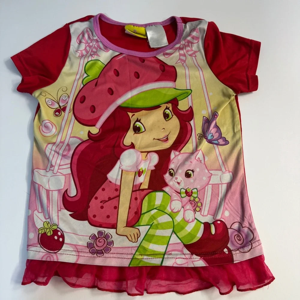 Strawberry Shortcake Girls Pajama Top Red Ruffle Hem Size 7 Short Sleeve 2014
